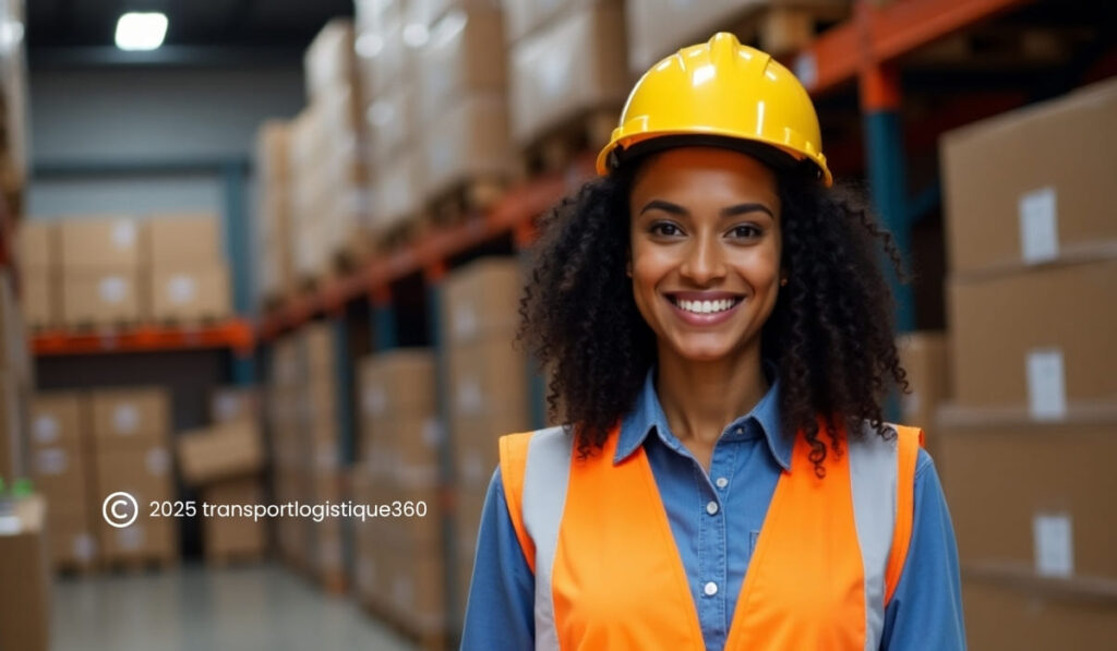 Jeune femme diplômé en formation dans un entrepôt logistique pour son premier emploi sans expérience