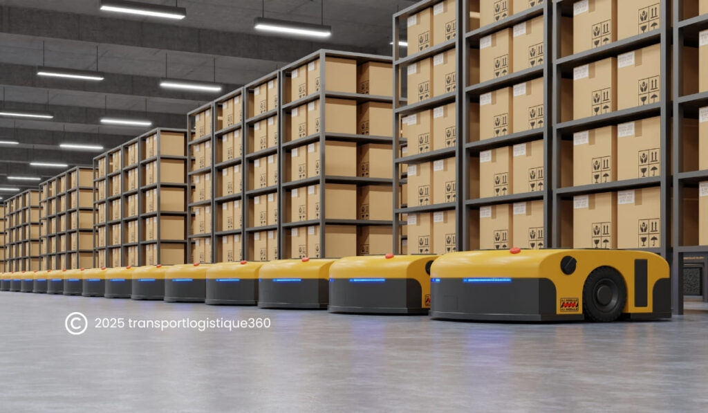 Entrepôt Amazon automatisé illustrant la domination des géants logistique 2025