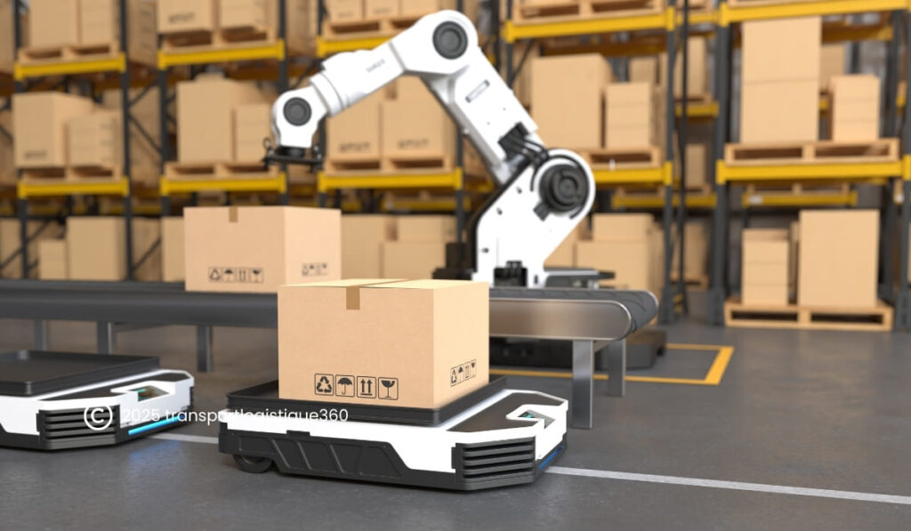 "Robots collaboratifs autonomes et bras articulé robotisé automatisant la manutention des colis dans un entrepôt moderne, illustrant l'impact de l'IA sur les métiers logistiques"