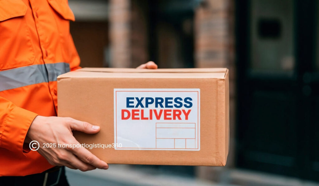 “Image représentant un livreur en uniforme tenant un colis marqué ‘Express Delivery’, symbole de la course à la rapidité dans la logistique du dernier kilomètre.”