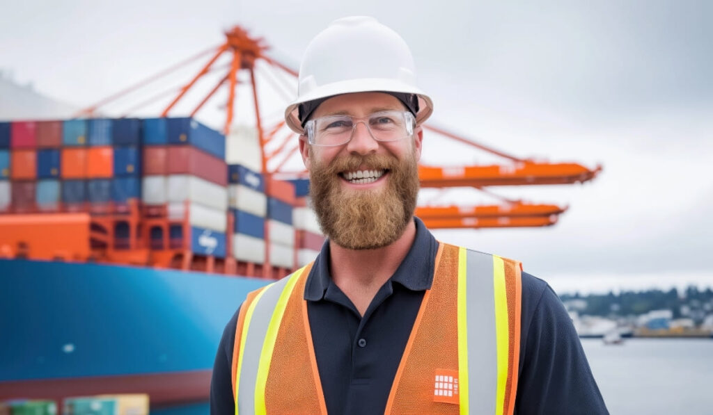 Formation logistique maritime et management portuaire Terminal portuaire moderne avec porte-conteneurs à quai et portiques de chargement"