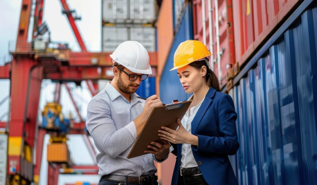"Formation en ligne sur les tarifs douaniers et le système HS Code - Professionnel consultant une nomenclature douanière avec conteneurs maritimes et graphiques tarifaires en arrière-plan"