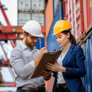 "Formation en ligne sur les tarifs douaniers et le système HS Code - Professionnel consultant une nomenclature douanière avec conteneurs maritimes et graphiques tarifaires en arrière-plan"