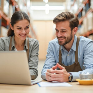 Formation en ligne – Deux professionnels en entrepôt analysant la gestion des stocks et des inventaires
