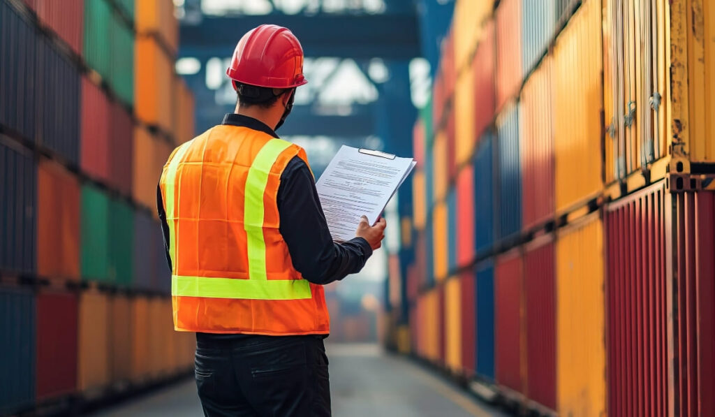 Illustration représentant un agent avec des documents essentiels du transport maritime, avec un porte-conteneurs en arrière-plan, des icônes de Bill of Lading, facture commerciale et certificat d'origine, dans un contexte de commerce international et de logistique portuaire.