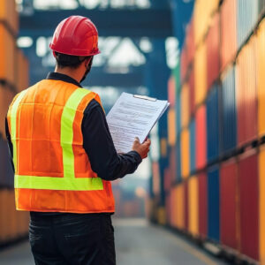 Illustration représentant un agent avec des documents essentiels du transport maritime, avec un porte-conteneurs en arrière-plan, des icônes de Bill of Lading, facture commerciale et certificat d'origine, dans un contexte de commerce international et de logistique portuaire.