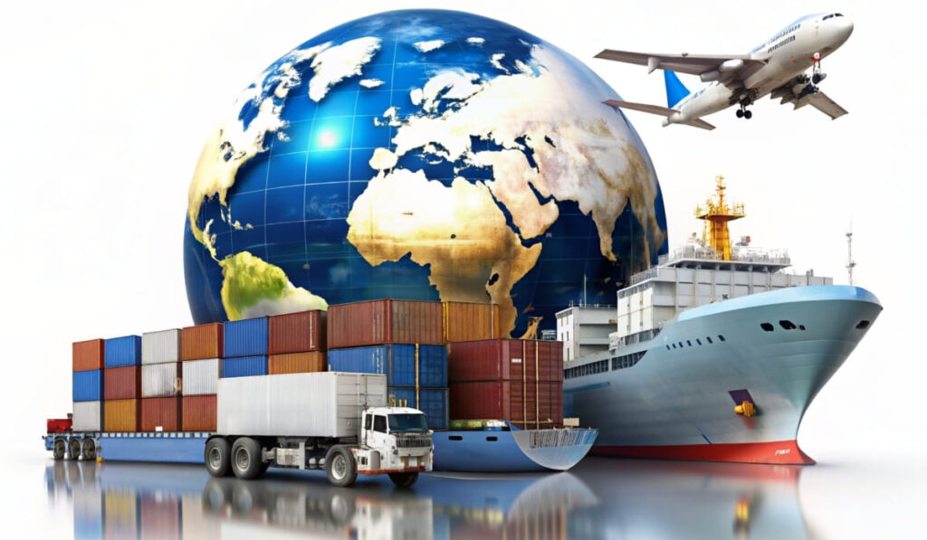 Formation en ligne sur les bases du transport international, illustrant les échanges mondiaux et les modes de transport maritime, aérien, routier et ferroviaire.